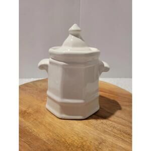 White Ceramic Sugar Bowl With Lid Double Handles Glossy Farmhouse Prim Kitchen